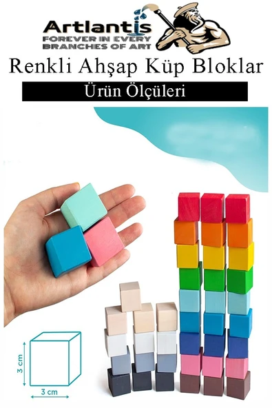 Renkli Ahşap Küp Bloklar 3x3x3 cm 64 Adet Ahşap Renkli Kare Blok Eğitici Geliştirici Oyuncak Küp Matematik Birim Küpleri - 2