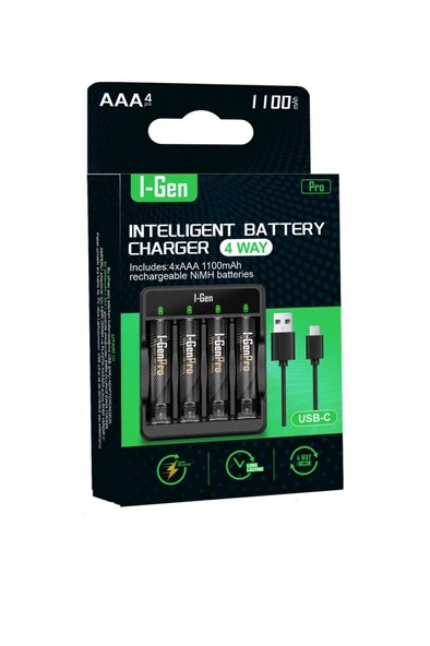 I-Gen G411 4'lü Pil Şarj Aleti + 4 Adet AAA Pro 1100 mAh Şarjlı İnce Kalem Pilli Set