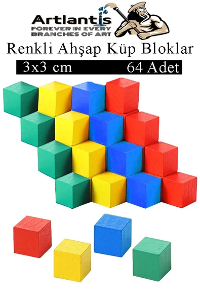 Renkli Ahşap Küp Bloklar 3x3x3 cm 64 Adet Ahşap Renkli Kare Blok Eğitici Geliştirici Oyuncak Küp Matematik Birim Küpleri