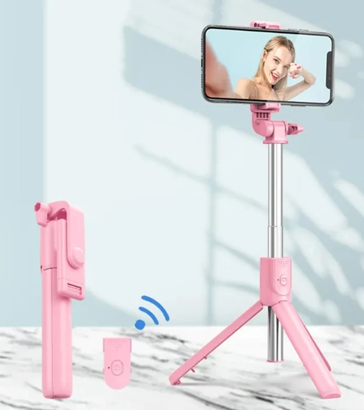 Led Işıklı Selfie Çubuğu Bluetooth Kumandalı Kablosuz Tripot Selfie Monopod Selfie Stick (PEMBE) - 2