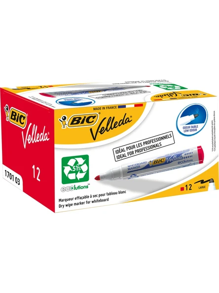 Bic 1701 Velleda Eco Yuvarlak Uçlu Beyaz Tahta Kalemi Kırmızı 12'li Kutu