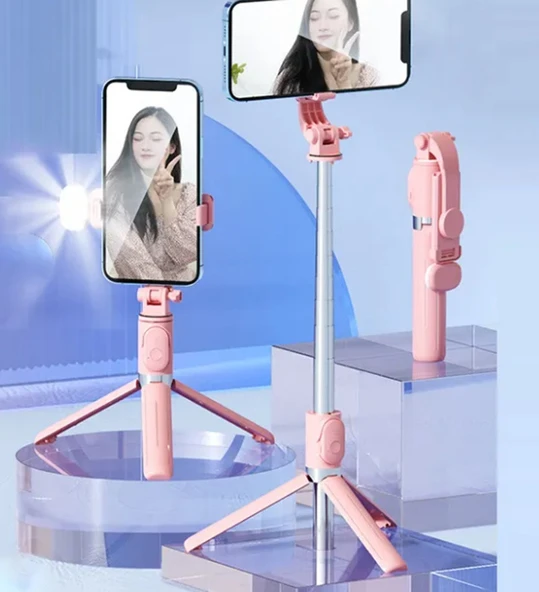 Led Işıklı Selfie Çubuğu Bluetooth Kumandalı Kablosuz Tripot Selfie Monopod Selfie Stick (PEMBE)