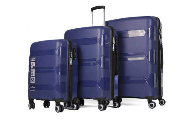 Hotowa Gold PP Valiz 8011 Koyu Mavi TSA Kilitli Üçlü Set