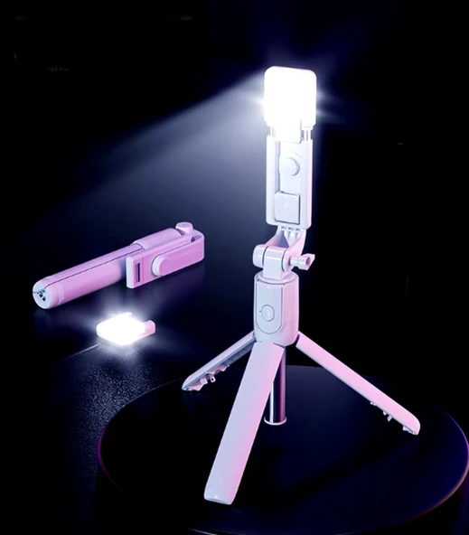Led Işıklı Selfie Çubuğu Bluetooth Kumandalı Kablosuz Tripot Selfie Monopod Selfie Stick (PEMBE) - 3