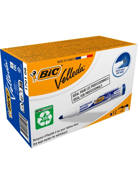 Bic 1701 Velleda Eco Yuvarlak Uçlu Beyaz Tahta Kalemi Mavi 12'li Kutu