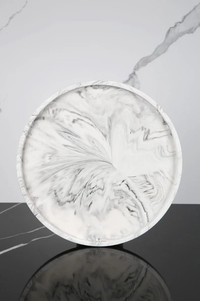 Mermer Desenli Sunum Tepsisi Yuvarlak Sunum Tabağı Sunumluk 28 Cm - 1