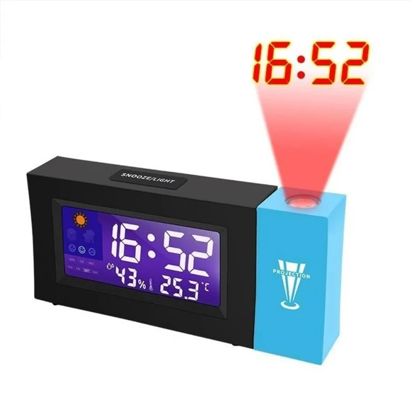 TechTic Projeksiyonlu Masa Saati Derece Nem Tarih Göstergeli Çalar Saat Alarm Duvara Yansıtmalı Saat - 8