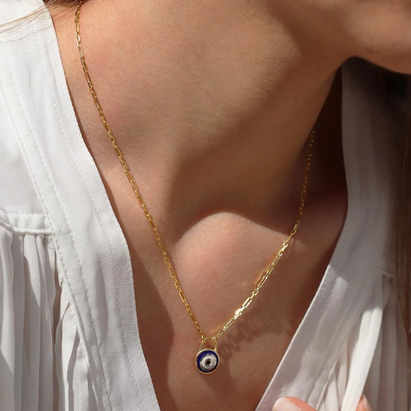 Nazar Boncuklu Lacivert Mine Işli Gold Kaplama Gümüş Kolye - Resim 4