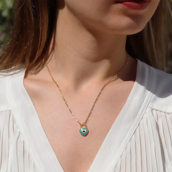 Nazar Boncuklu Kalp Mine Işli Gold Kaplama Gümüş Kolye ürün görseli 1