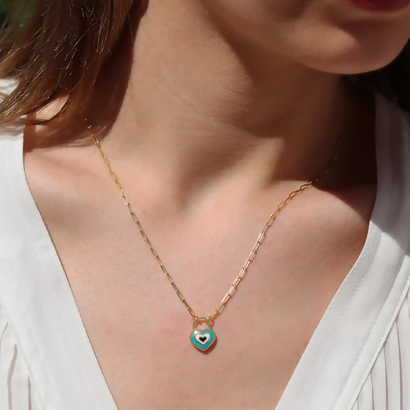 Nazar Boncuklu Kalp Mine Işli Gold Kaplama Gümüş Kolye - Resim 2