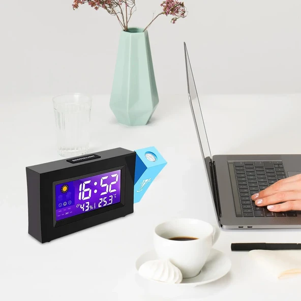 TechTic Projeksiyonlu Masa Saati Derece Nem Tarih Göstergeli Çalar Saat Alarm Duvara Yansıtmalı Saat - 10