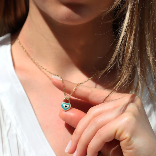 Nazar Boncuklu Kalp Mine Işli Gold Kaplama Gümüş Kolye - Resim 4