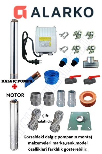 4SDM10/10 2HP ALARKO 40 MT YASSI KABLOLU VE PANOLU 80 MT HALATLI ÇİFT VANALI AKITMA BAŞLIKLI MONOFAZE TAKIM DALGIÇ POMPA ürün görseli