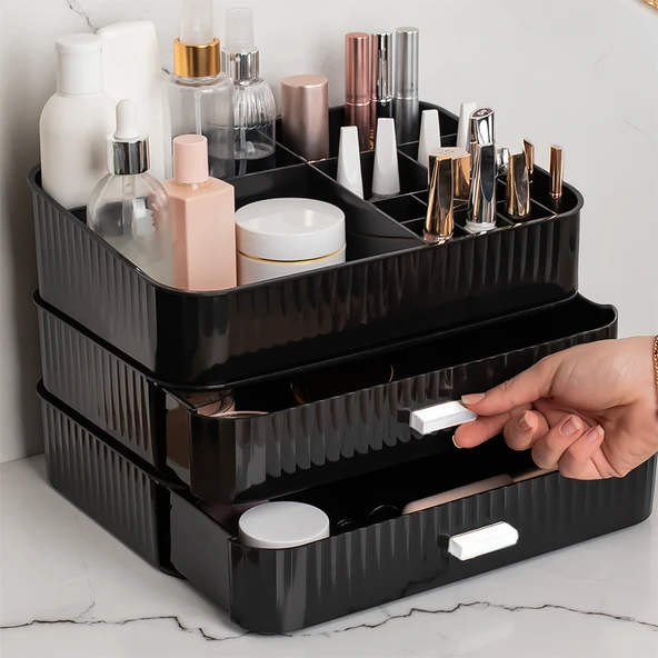 Porsima 0620 3 Katlı Siyah Makyaj Organizeri - Kozmetik Düzenleyici - Saklama Kutusu ürün görseli 1