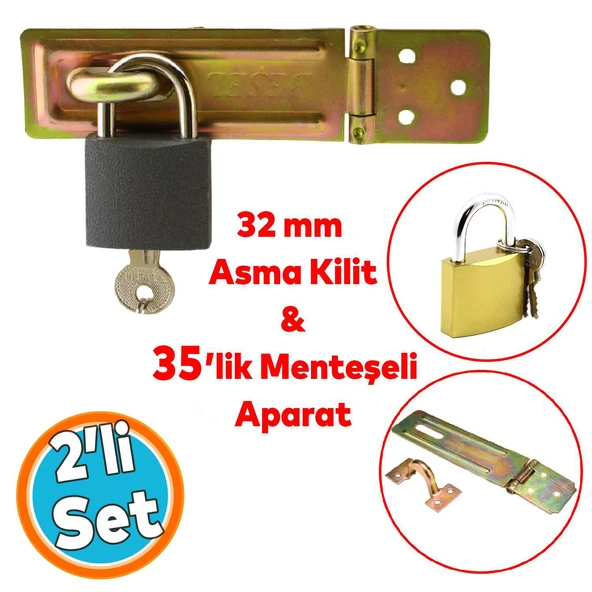Sandık Kutu Askısı 35 Luk Menteşeli Kilit Aparatı Kilit 32 mm Asma Kilit 2'li Set