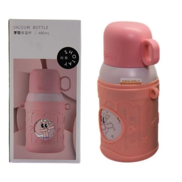 Shotay Cartoon Çelik Termos Matara Çocuk 480Ml Pembe