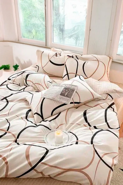 Upstyle Kolay Ütülenir Nevresim Takımı Çift Kişilik Line Rondom Krem
