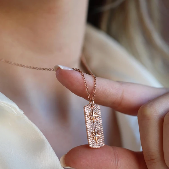 Kutup Yıldızı Rose Gold Asansörlü Gümüş Kolye - Resim 4