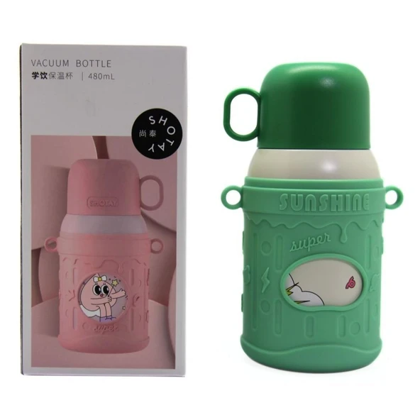 Shotay Cartoon Çelik Termos Matara Çocuk 480Ml Yeşil