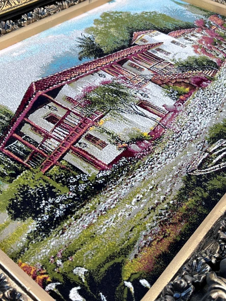 Denizli Konağı Adlı İran Tebriz Halı Tablo 95x74cm - Duvar Halı Kilim Tablo - 4