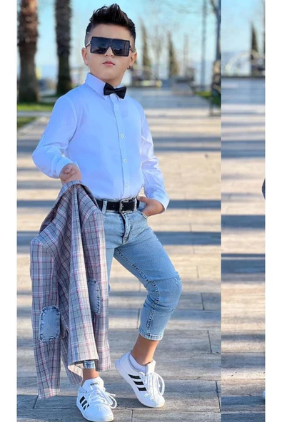 Erkek Çocuk Kırmızı Çizgili Blazer Ceket Kot Pantolon Alt Üst Takım - 4