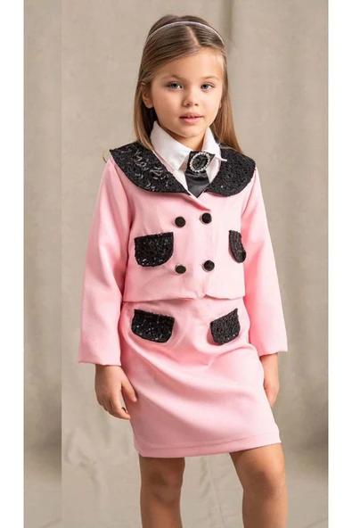 Kız Çocuk New Güpür İşlemeli Cep Detaylı ve Broşlu Pembe Etekli Takım - Resim 2