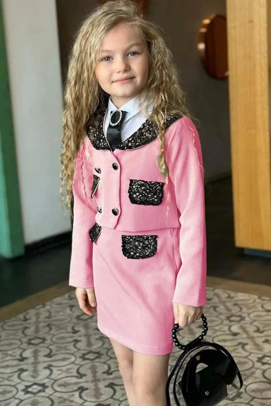Kız Çocuk New Güpür İşlemeli Cep Detaylı ve Broşlu Pembe Etekli Takım - Resim 3