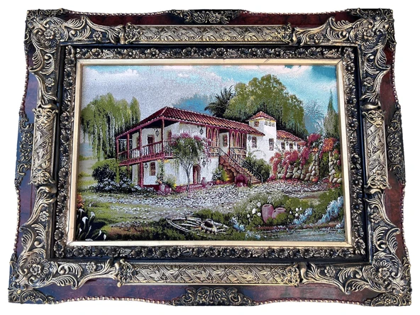Denizli Konağı Adlı İran Tebriz Halı Tablo 95x74cm - Duvar Halı Kilim Tablo - 1
