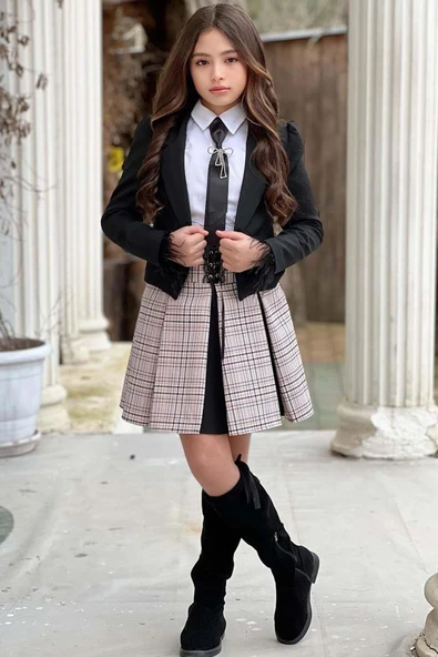 Kız Çocuk Blazer Ceket, Kravat Çizgili Siyah Etekli Takım ürün görseli