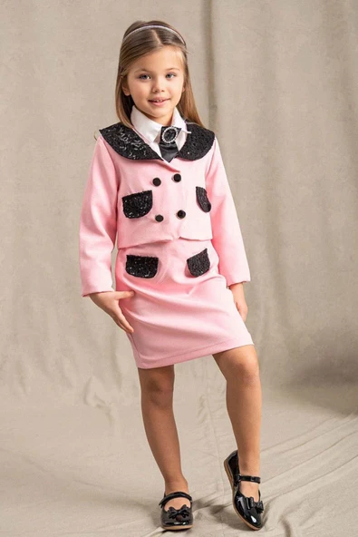 Kız Çocuk New Güpür İşlemeli Cep Detaylı ve Broşlu Pembe Etekli Takım ürün görseli