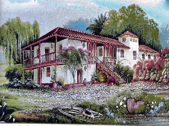 Denizli Konağı Adlı İran Tebriz Halı Tablo 95x74cm - Duvar Halı Kilim Tablo - 3