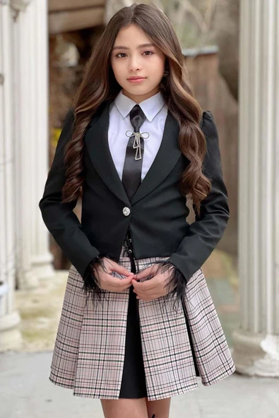 Kız Çocuk Blazer Ceket, Kravat Çizgili Siyah Etekli Takım - Resim 4