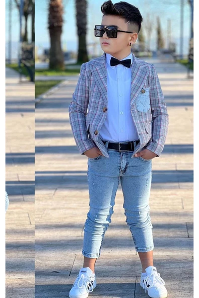 Erkek Çocuk Kırmızı Çizgili Blazer Ceket Kot Pantolon Alt Üst Takım - 3