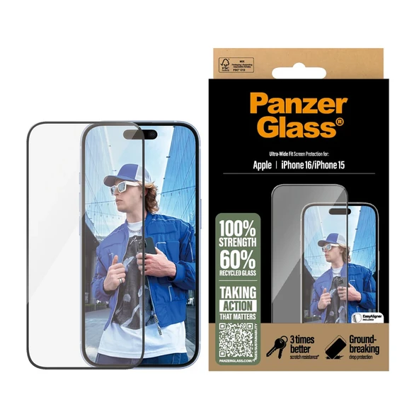 PanzerGlass iPhone 15 UWF Şeffaf Cam Ekran Koruyucu