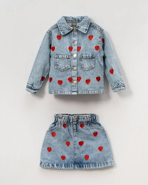 Bayramlık Kız Çocuk Kot Ceket & Etek Takımı I  Kalp Nakışlı Şık ve Rahat! I Kız Çocuk Jean Takımı - 3