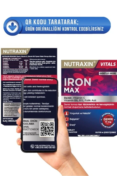 NUTRAXIN Iron Max 17 Mg 30 Tablet - Gentle Iron, Vitamin C, B12, B6, Folik Asit 8680512631835 - 3