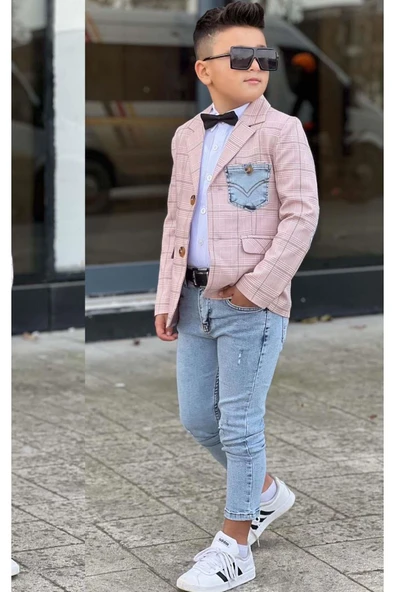 Erkek Çocuk Çizgili Blazer Ceket Kot Pantolon Pudra Şeker Alt Üst Takım - Resim 2