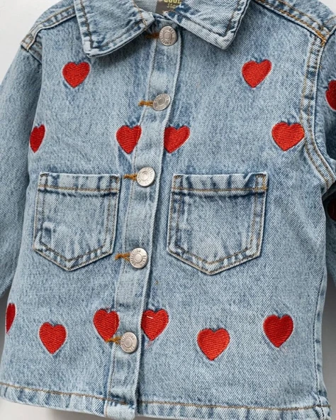 Bayramlık Kız Çocuk Kot Ceket & Etek Takımı I  Kalp Nakışlı Şık ve Rahat! I Kız Çocuk Jean Takımı - 5