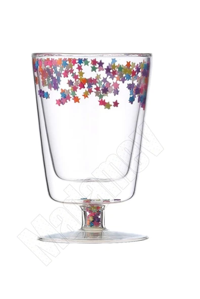 Madamev 4'lü Çift Cidarlı Yıldızlı Ayaklı Retro Bardak Magnolya Sunum Kasesi ve Pipetli Kahve Bardağı 350ml - 3