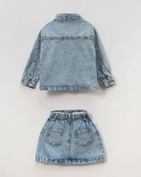 Bayramlık Kız Çocuk Kot Ceket & Etek Takımı I  Kalp Nakışlı Şık ve Rahat! I Kız Çocuk Jean Takımı - 4