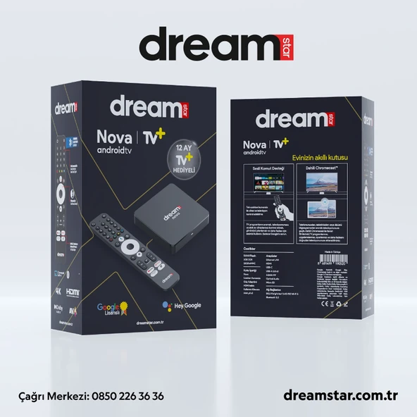 Dreamstar Nova TV+ (12 Ay Premium Üyelik Hediyeli) 4K Lisansli Android TV Box 2GB Ram 32GB Hafıza +( Typec  Tuner) - 4