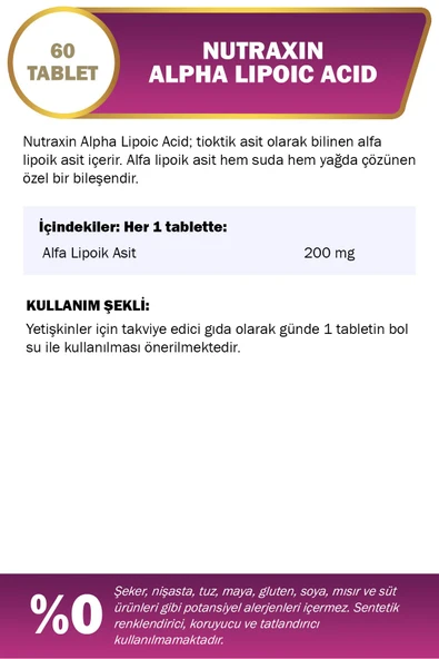 NUTRAXIN Alpha Lipoic Acid 200 Mg 60 Tablet 8680512627029 - 2