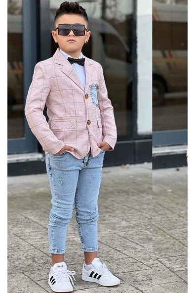 Erkek Çocuk Çizgili Blazer Ceket Kot Pantolon Pudra Şeker Alt Üst Takım ürün görseli