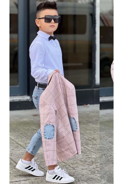 Erkek Çocuk Çizgili Blazer Ceket Kot Pantolon Pudra Şeker Alt Üst Takım - Resim 4