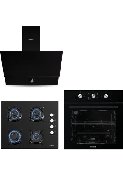 Kumtel Dizayn Siyah Cam Ankastre Set (DA6-830 Davlumbaz + KO-40 TAHDF Ocak + Fırın