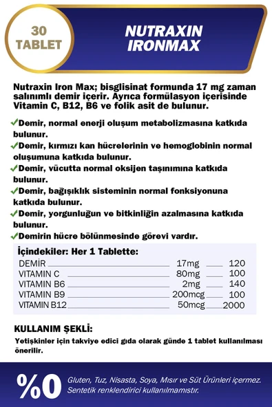 NUTRAXIN Iron Max 17 Mg 30 Tablet - Gentle Iron, Vitamin C, B12, B6, Folik Asit 8680512631835 - 2