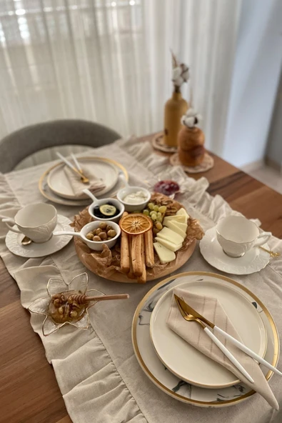 Vintage Naturel Fırfırlı Keten Runner - 2