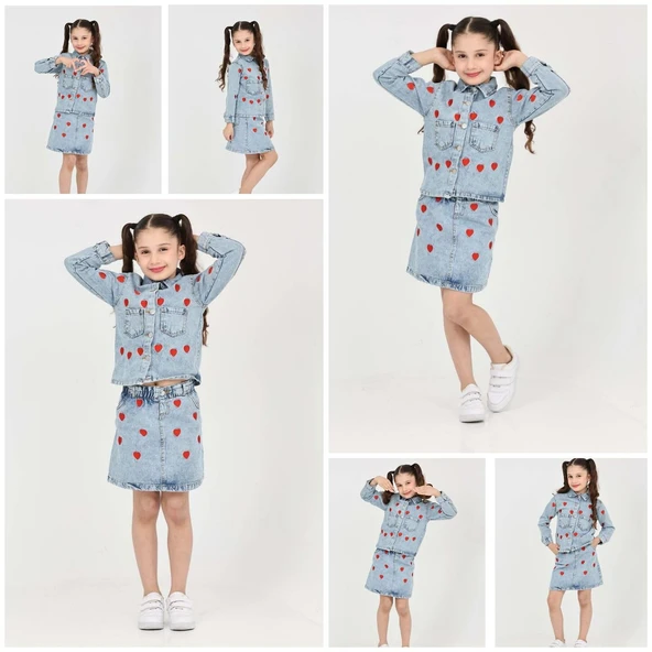 Bayramlık Kız Çocuk Kot Ceket & Etek Takımı I  Kalp Nakışlı Şık ve Rahat! I Kız Çocuk Jean Takımı - 6