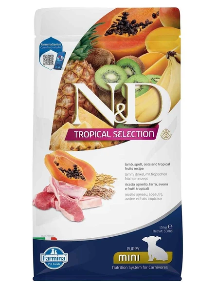 N&D  Tropical Selection Kuzu Etli ve Tropikal Meyveli Küçük Irk Yavru Köpek Maması 2 kg AÇIK VAKUMLU POŞET
