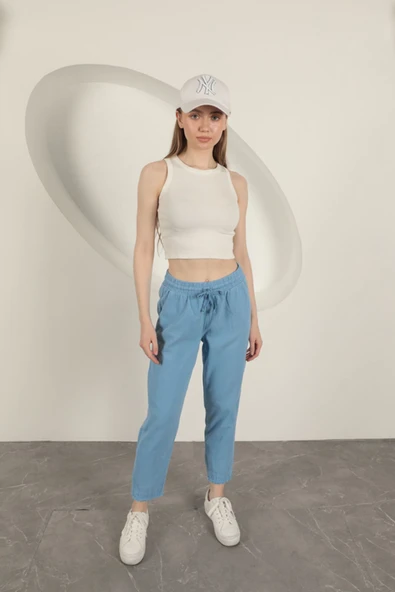 Gabardin Kumaş Püsküllü Kadın Pantolon-Mavi